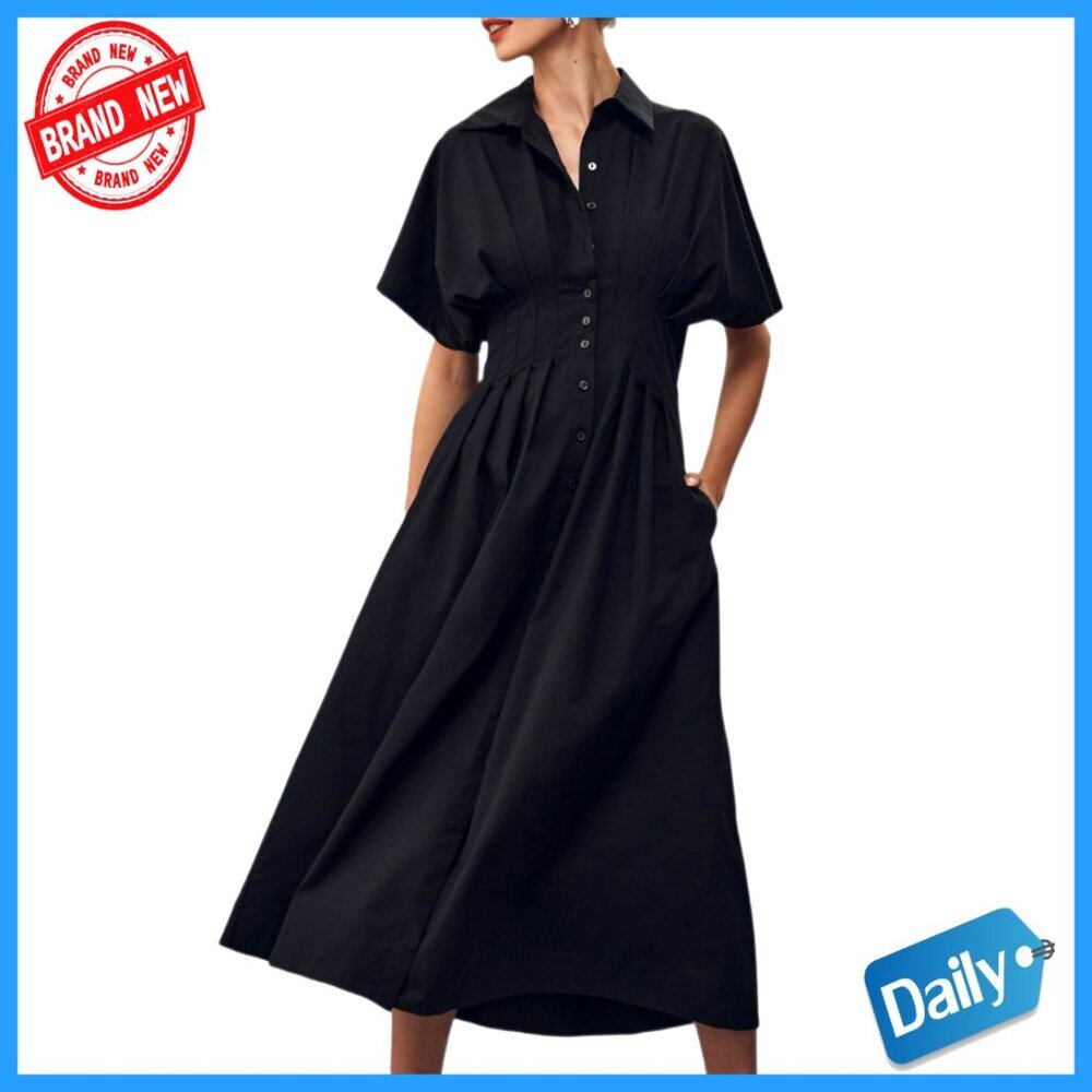 Striped Tunic Maxi Shirt Dress Slim Fit Button Pleated Casual Elegant